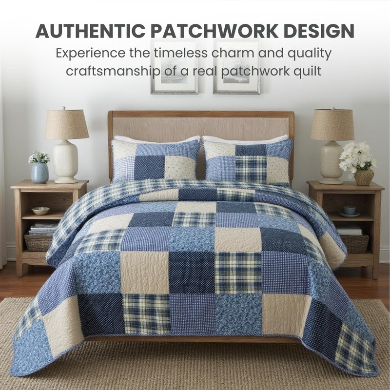 SLPR Blue Symphony Cotton Pieced Quilt Set - Twin with 1 Sham, Farmhouse Patchwork Quilted Bedspread with Check and Plaid Pattern, Lightweight and Cozy Country Checkered Bedding - Image 2